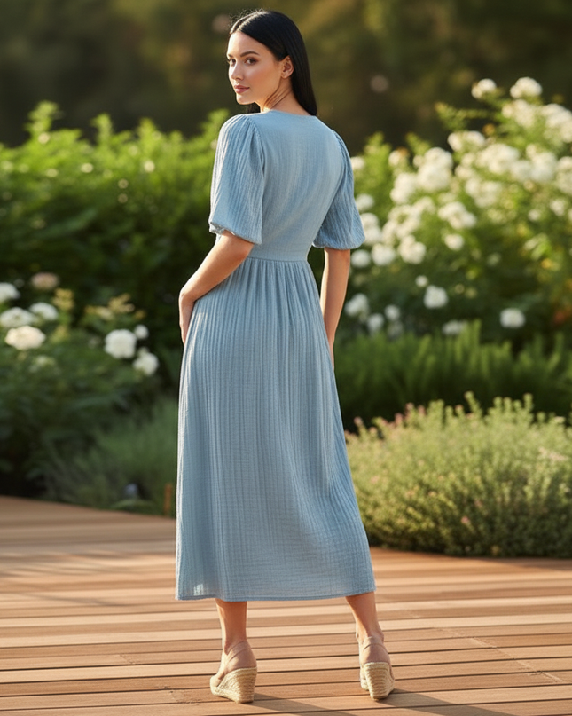 Musselin Kleid Lang Hellblau - Fliessend & Leicht - Ansicht 2