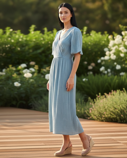 Musselin Kleid Lang Hellblau - Fliessend & Leicht - Ansicht 3