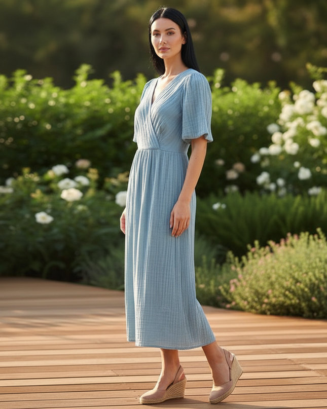 Musselin Kleid Lang Hellblau - Fliessend & Leicht - Ansicht 3