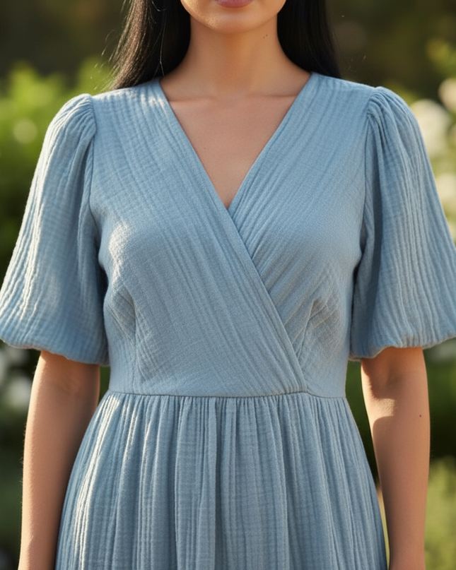 Musselin Kleid Lang Hellblau - Fliessend & Leicht - Ansicht 4