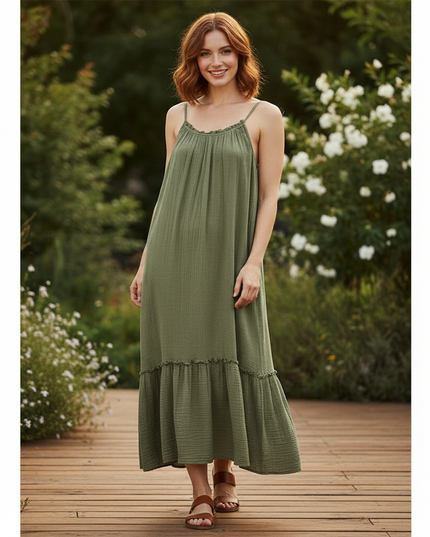 Musselin Kleid Lang Khaki - Elegantes Maxikleid - Ansicht 1