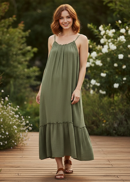 Musselin Kleid Lang Khaki - Elegantes Maxikleid - Ansicht 1