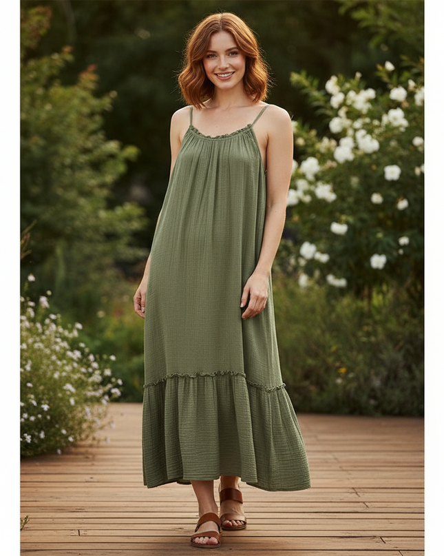 Musselin Kleid Lang Khaki - Elegantes Maxikleid - Ansicht 1