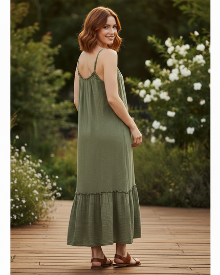 Musselin Kleid Lang Khaki - Elegantes Maxikleid - Ansicht 2