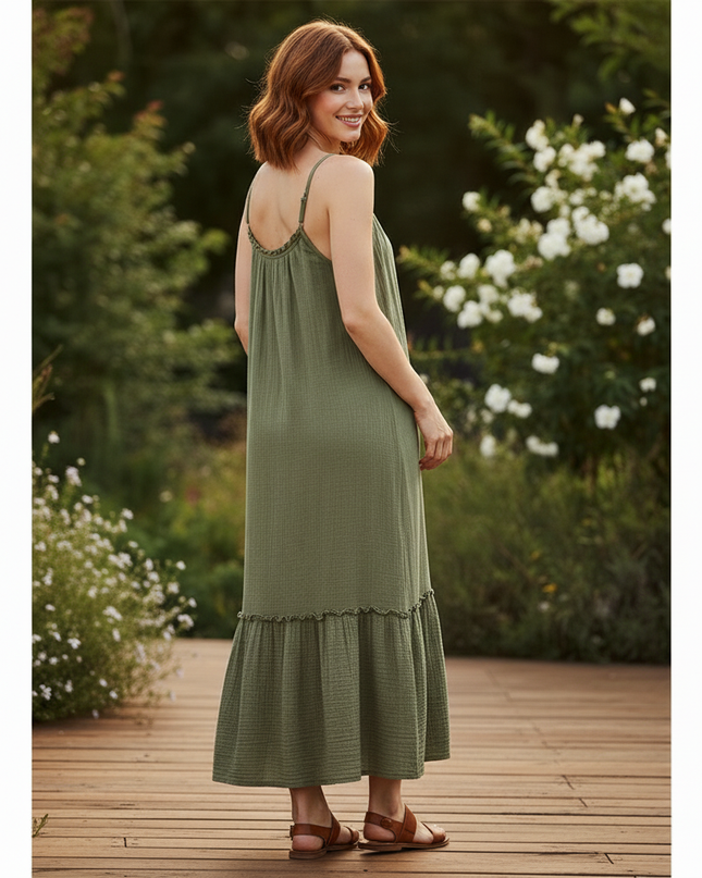 Musselin Kleid Lang Khaki - Elegantes Maxikleid - Ansicht 2