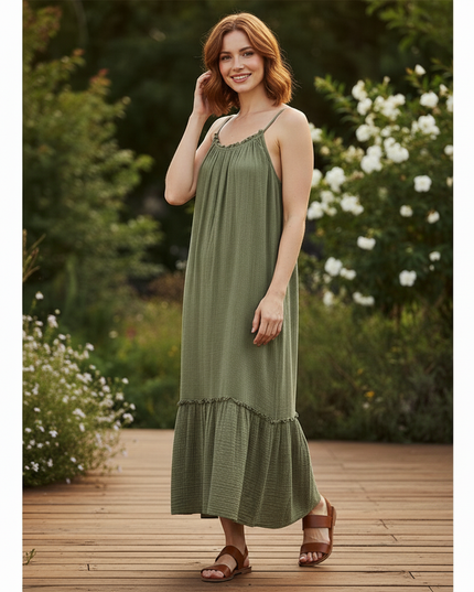 Musselin Kleid Lang Khaki - Elegantes Maxikleid - Ansicht 3