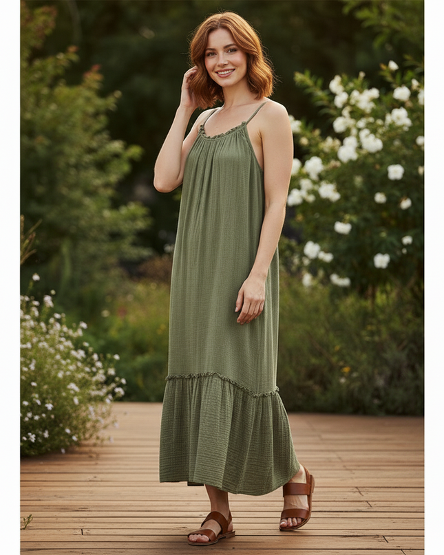 Musselin Kleid Lang Khaki - Elegantes Maxikleid - Ansicht 3