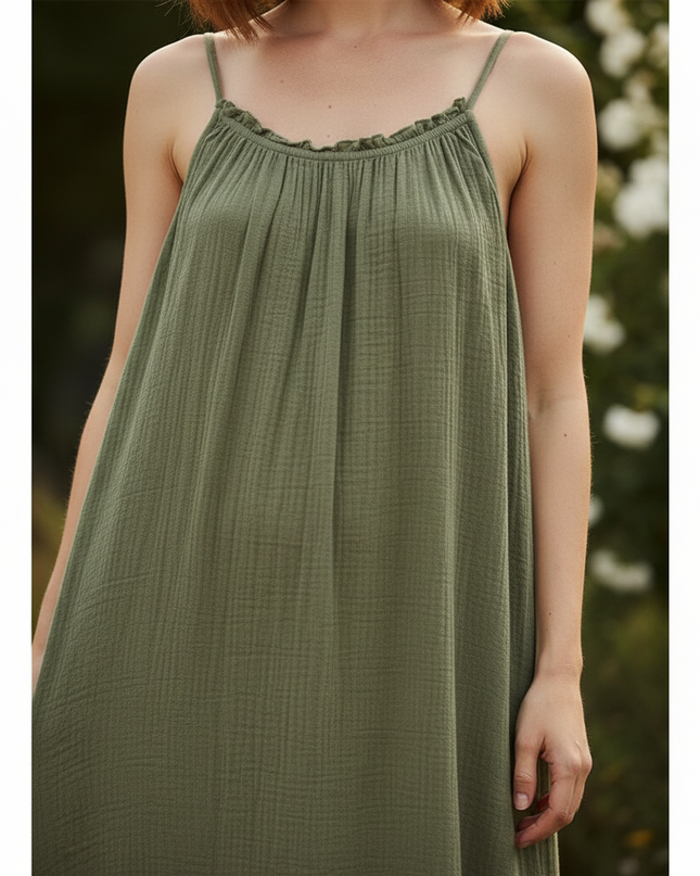 Musselin Kleid Lang Khaki - Elegantes Maxikleid - Ansicht 4