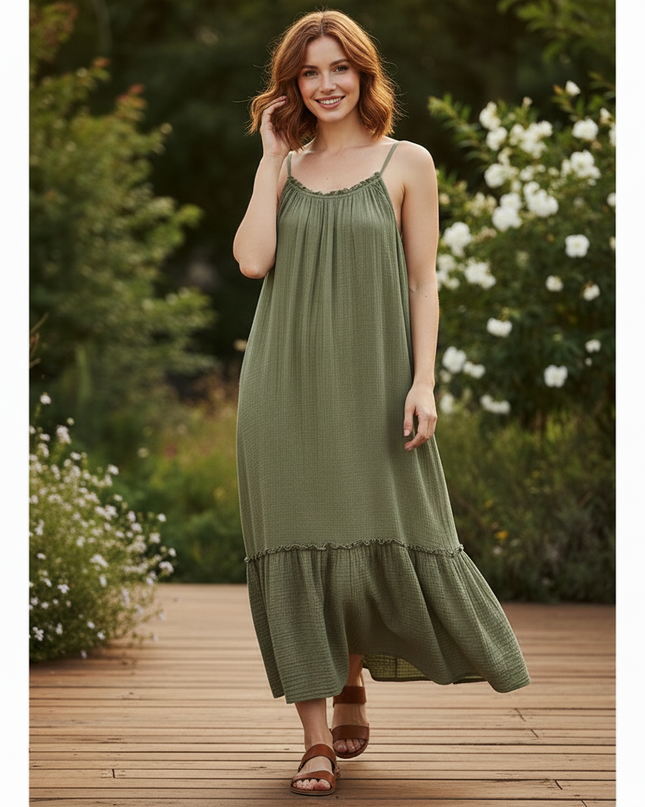 Musselin Kleid Lang Khaki - Elegantes Maxikleid - Ansicht 5