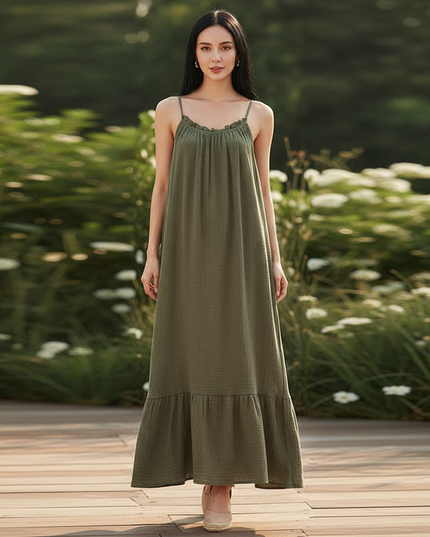 Musselin Kleid Lang Mit Volant - Ansicht 1