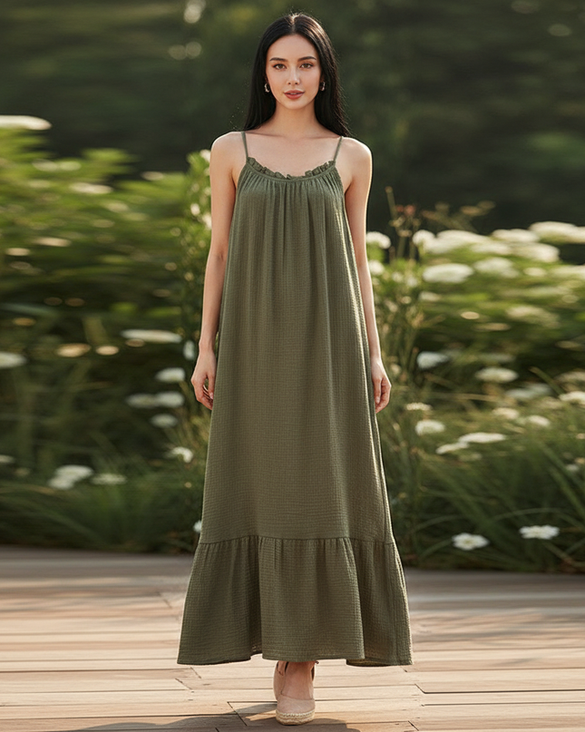 Musselin Kleid Lang Mit Volant - Ansicht 1