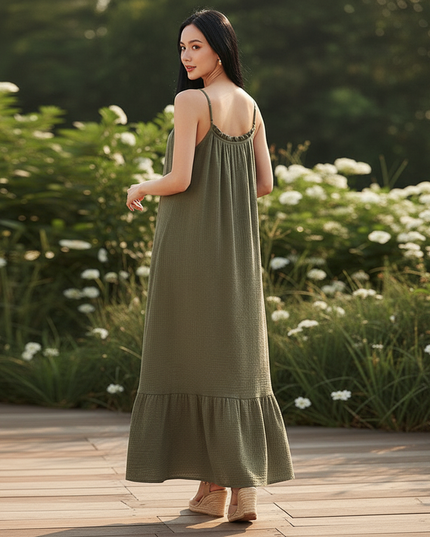 Musselin Kleid Lang Mit Volant - Ansicht 2