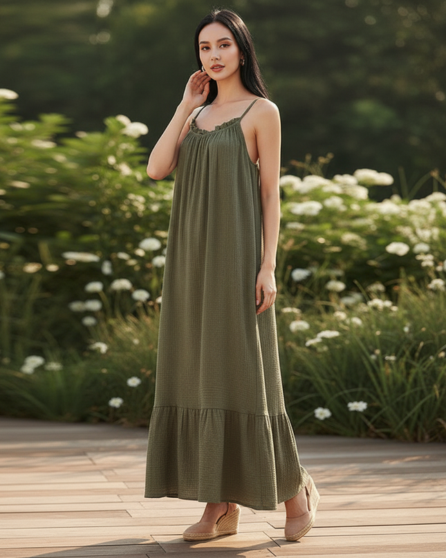 Musselin Kleid Lang Mit Volant - Ansicht 3