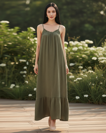 Musselin Kleid Lang Mit Volant - Ansicht 5