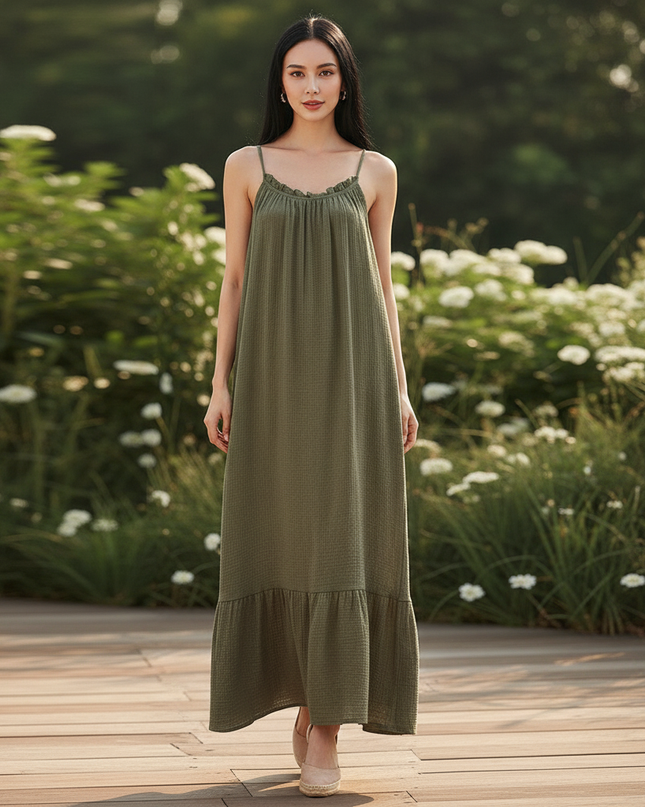 Musselin Kleid Lang Mit Volant - Ansicht 5