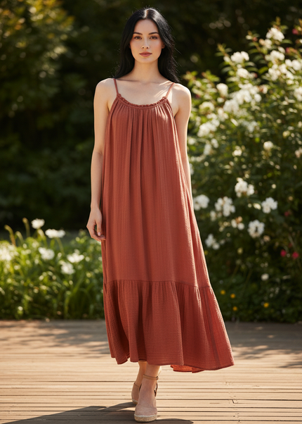 Musselin Kleid Lang Rot - Luftig & Elegant | Musselin Kleid - Ansicht 1