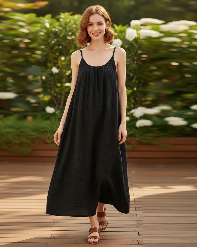 Musselin Kleid Lang Schwarz - Fliessend & Leicht - Ansicht 5