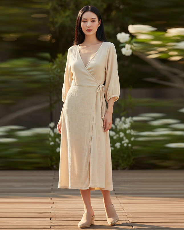Musselin Kleid Langarm Damen - Sommerkleid Baumwolle - Ansicht 1