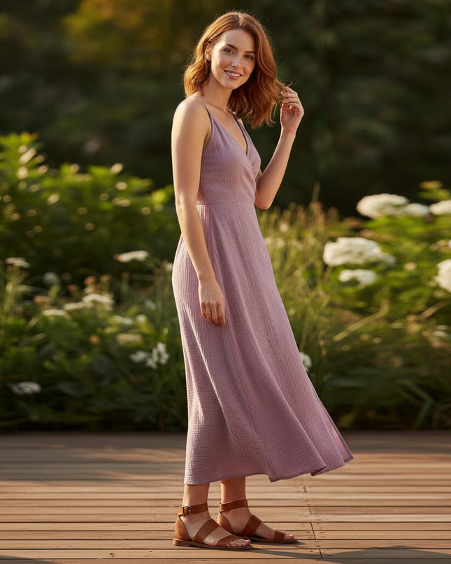 Musselin Kleid Lila Lang 3 - Elegantes Sommerkleid - Ansicht 3