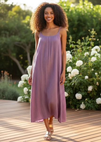 Musselin Kleid Lila Luftig Lang | Musselin Kleid - Ansicht 1