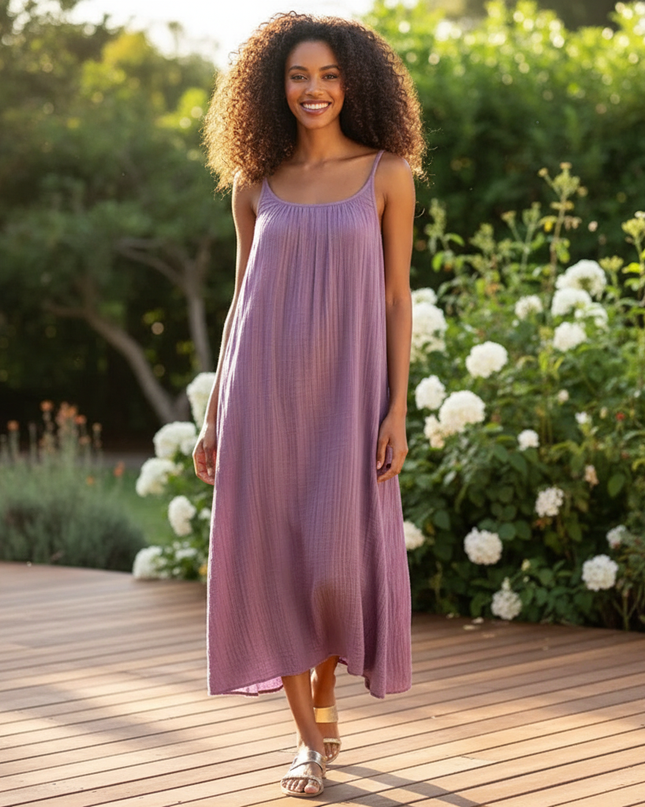 Musselin Kleid Lila Luftig Lang | Musselin Kleid - Ansicht 1