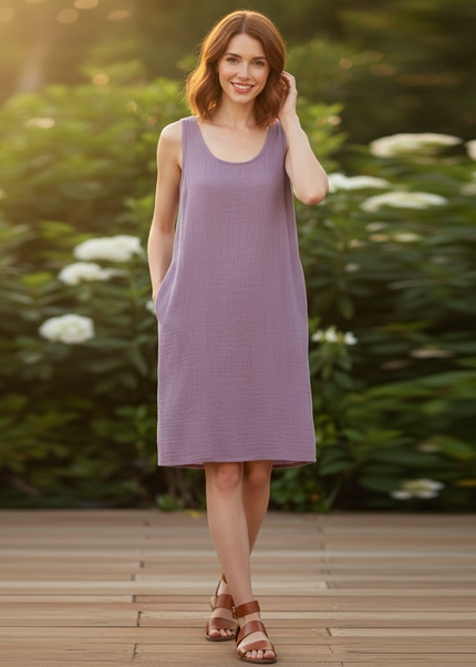 Musselin Kleid Lila - Midi Tank Damen mit Taschen - Ansicht 1