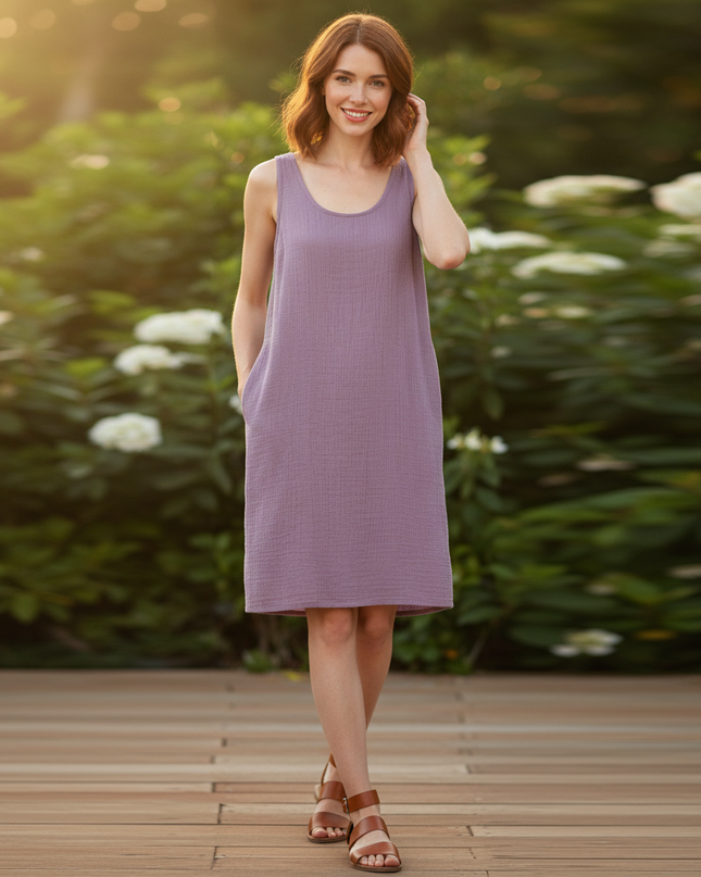 Musselin Kleid Lila - Midi Tank Damen mit Taschen - Ansicht 1
