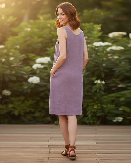 Musselin Kleid Lila - Midi Tank Damen mit Taschen - Ansicht 2