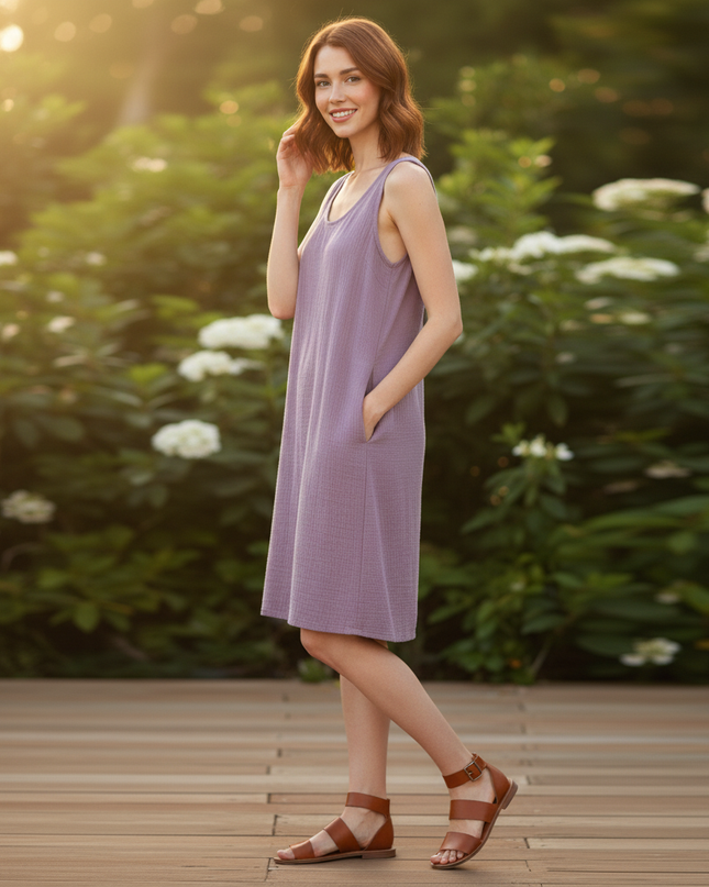 Musselin Kleid Lila - Midi Tank Damen mit Taschen - Ansicht 3