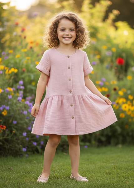 Musselin Kleid Maedchen Altrosa - Knopfkleid 90-130 - Ansicht 1