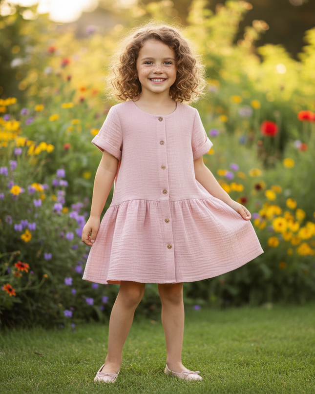 Musselin Kleid Maedchen Altrosa - Knopfkleid 90-130 - Ansicht 1