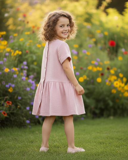 Musselin Kleid Maedchen Altrosa - Knopfkleid 90-130 - Ansicht 2