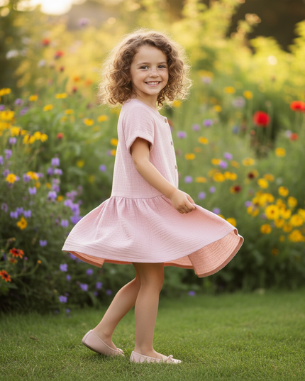 Musselin Kleid Maedchen Altrosa - Knopfkleid 90-130 - Ansicht 3