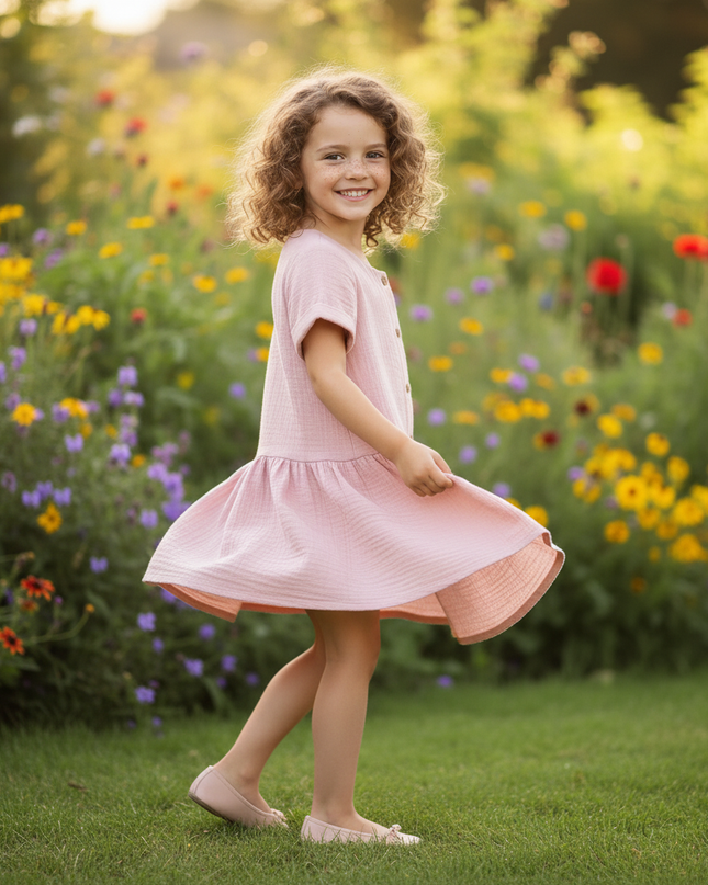 Musselin Kleid Maedchen Altrosa - Knopfkleid 90-130 - Ansicht 3