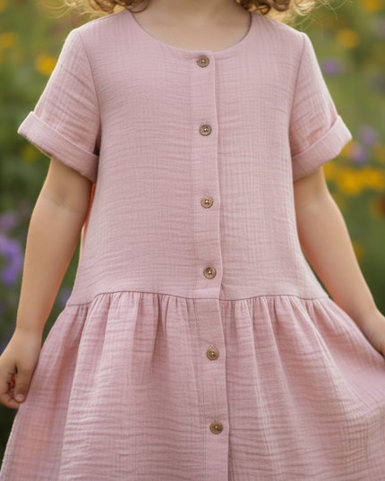 Musselin Kleid Maedchen Altrosa - Knopfkleid 90-130 - Ansicht 4