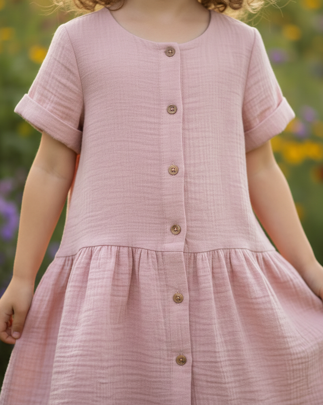 Musselin Kleid Maedchen Altrosa - Knopfkleid 90-130 - Ansicht 4
