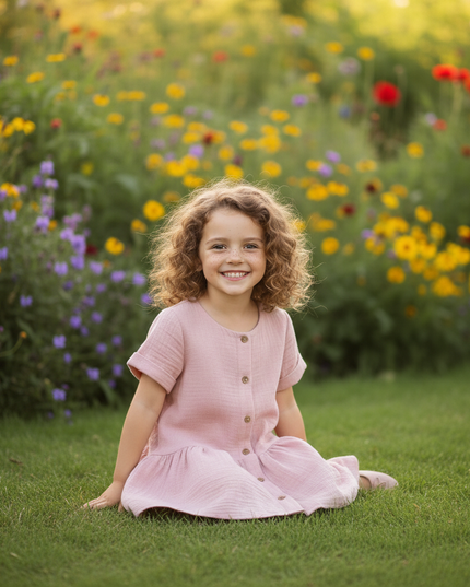 Musselin Kleid Maedchen Altrosa - Knopfkleid 90-130 - Ansicht 5