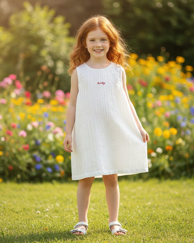 Musselin Kleid Maedchen Bestickt - Weiss Stickerei - Ansicht 1