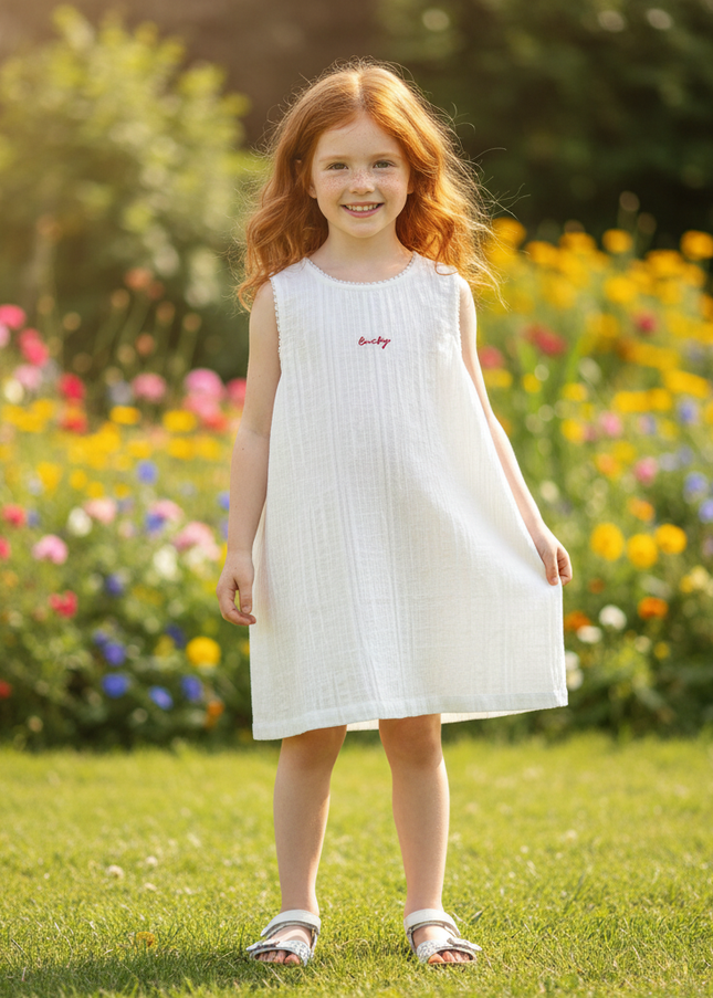 Musselin Kleid Maedchen Bestickt - Weiss Stickerei - Ansicht 1