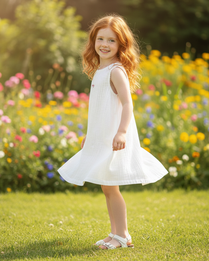 Musselin Kleid Maedchen Bestickt - Weiss Stickerei - Ansicht 3