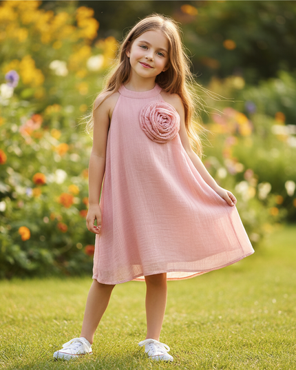 Musselin Kleid Maedchen Blumen Rosa - Halter Floral - Ansicht 1