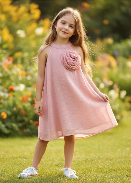 Musselin Kleid Maedchen Blumen Rosa - Halter Floral - Ansicht 1