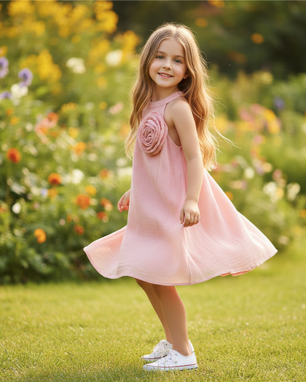 Musselin Kleid Maedchen Blumen Rosa - Halter Floral - Ansicht 3