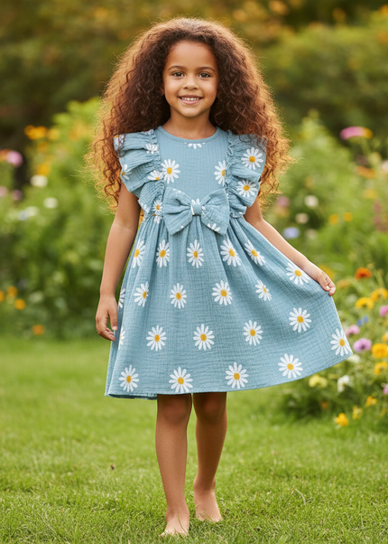 Musselin Kleid Maedchen Blumen - Blau Gaensebluemchen - Ansicht 1