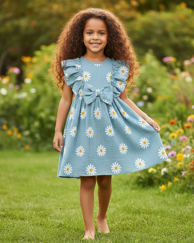 Musselin Kleid Maedchen Blumen - Blau Gaensebluemchen - Ansicht 1