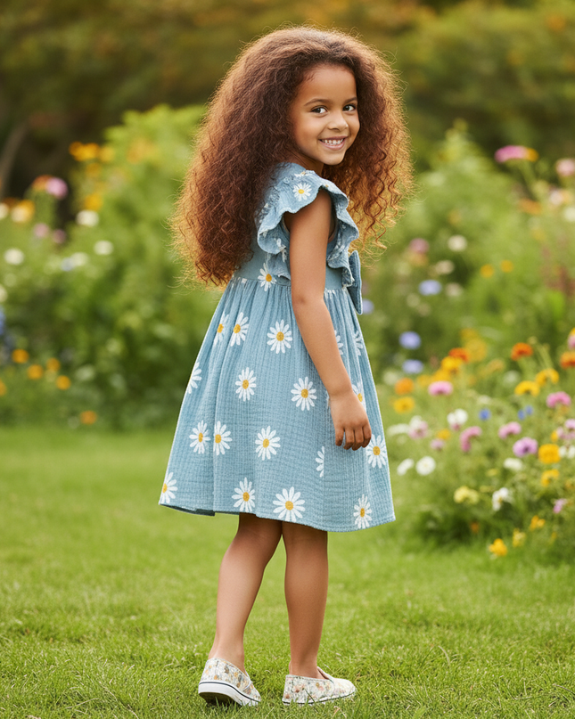 Musselin Kleid Maedchen Blumen - Blau Gaensebluemchen - Ansicht 2