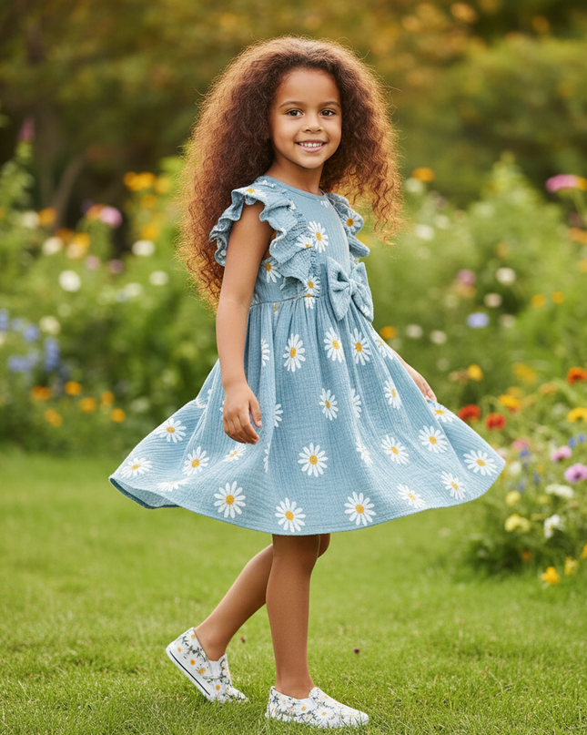 Musselin Kleid Maedchen Blumen - Blau Gaensebluemchen - Ansicht 3