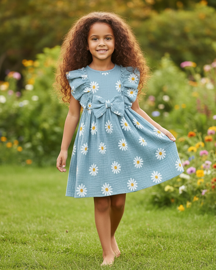 Musselin Kleid Maedchen Blumen - Blau Gaensebluemchen - Ansicht 4