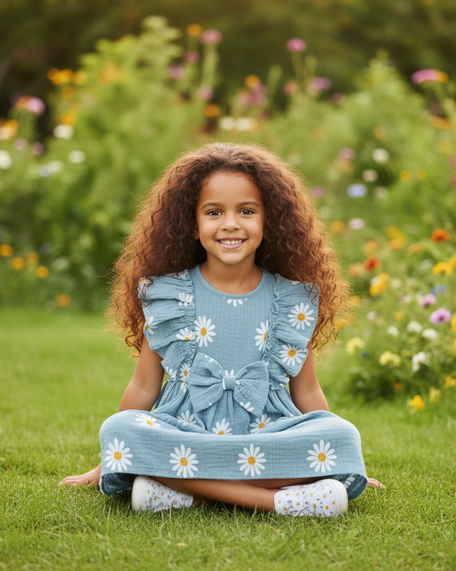 Musselin Kleid Maedchen Blumen - Blau Gaensebluemchen - Ansicht 5