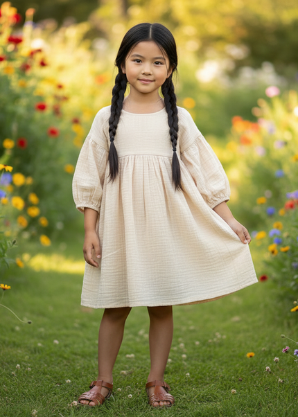 Musselin Kleid Mädchen Creme - Laternenarm 1T-6T - Ansicht 1